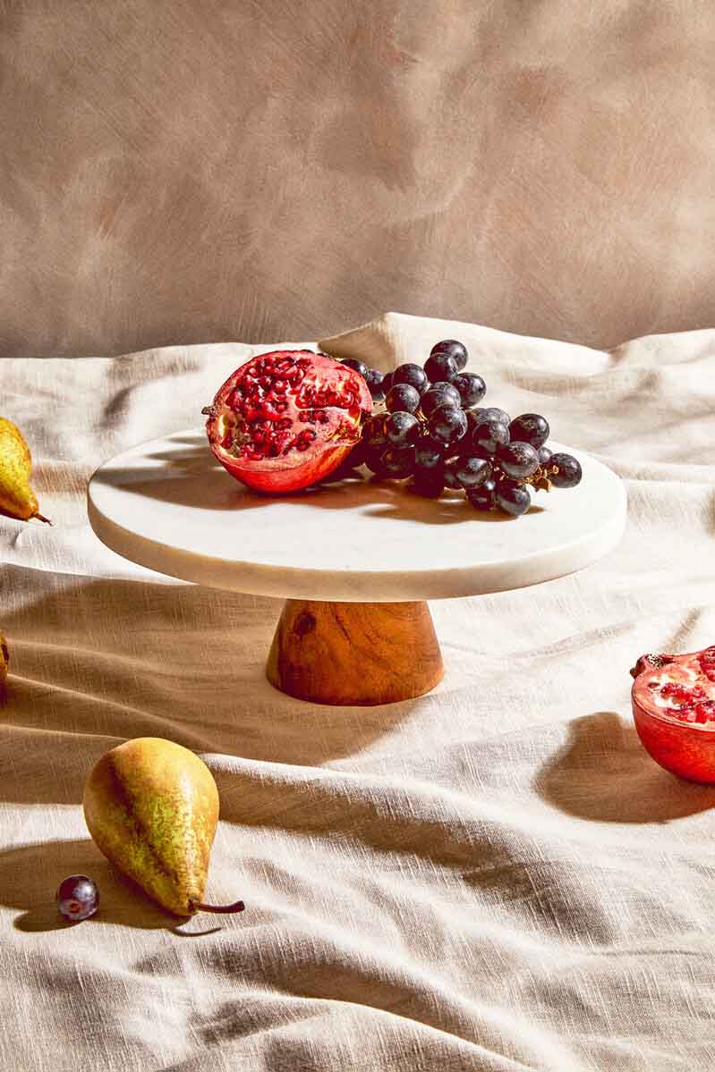 Monzaro Round White Marble And Acacia Wood Cake Stand