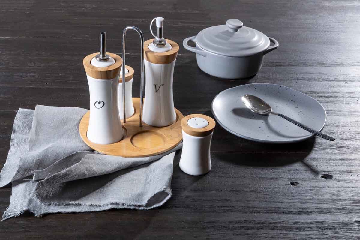 4pc Bamboo And Ceramic Condiment Set