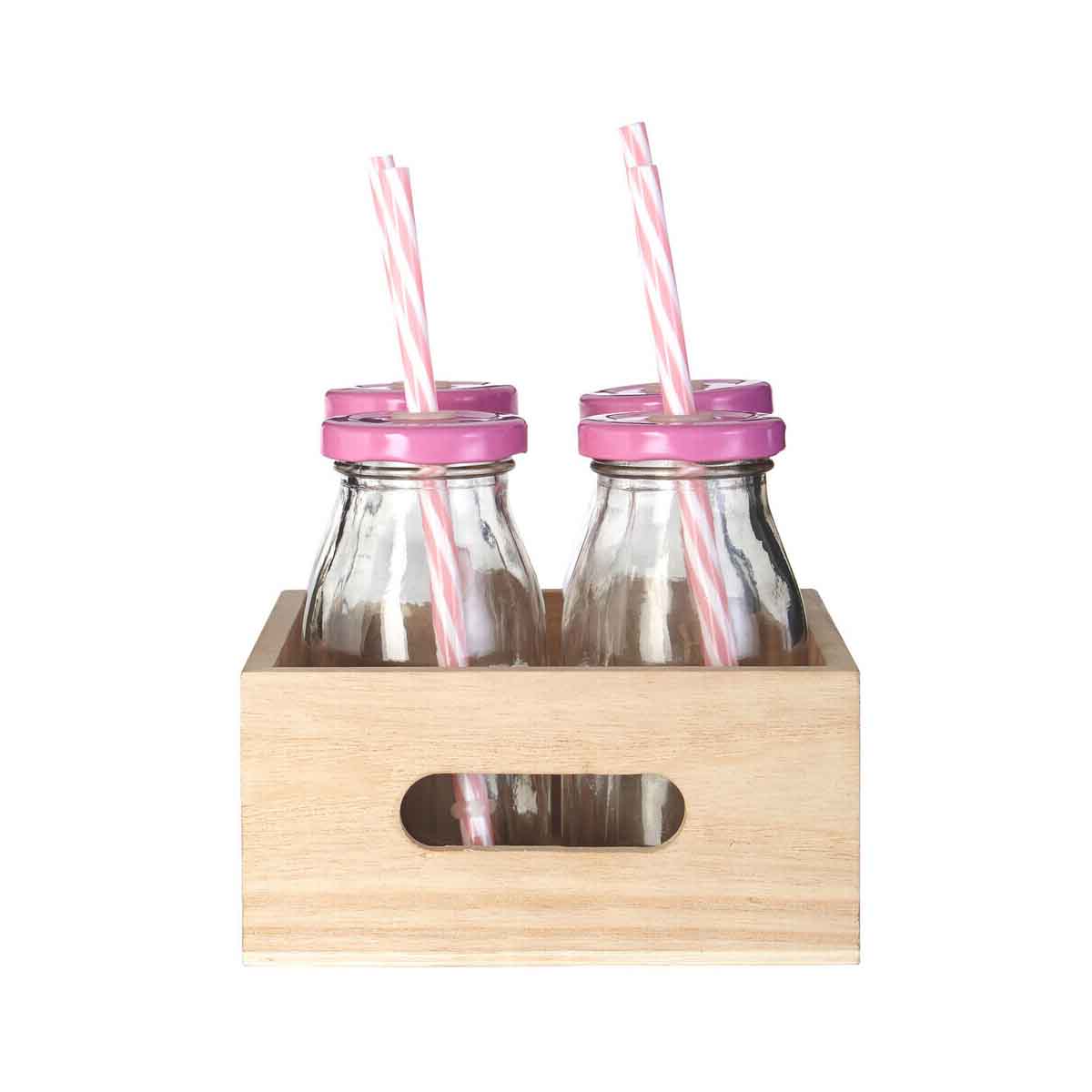 Pink Straws and Lids Glass Drinking Milk Bottles