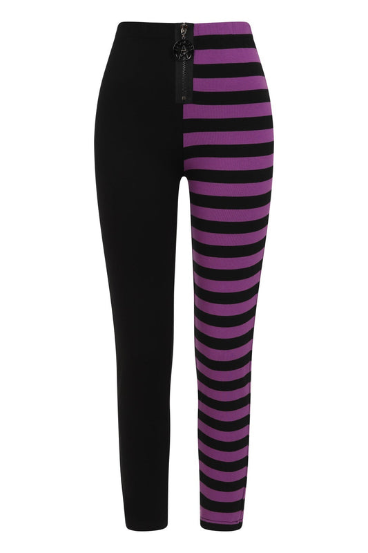 Banned Half Black Half Stripes Leggings - Purple