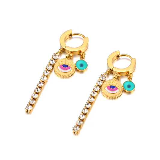 Leelee Luxe 18k Gold Plated Jewelled Evil Eye Charm Dangle Hoop Earrings