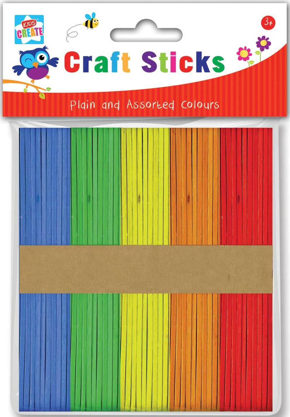 Pack of 100 Wooden Craft Lolly Sticks in Plain & Assorted Colours