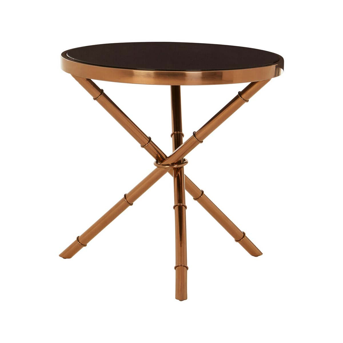 Alvaro Round Side Table with Rose Gold Legs and Black Glass Top