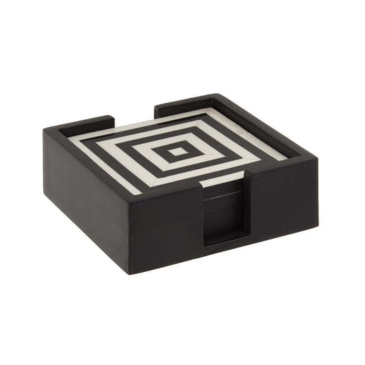 Donato Set of Four Black and White Stripe Coasters with Holder