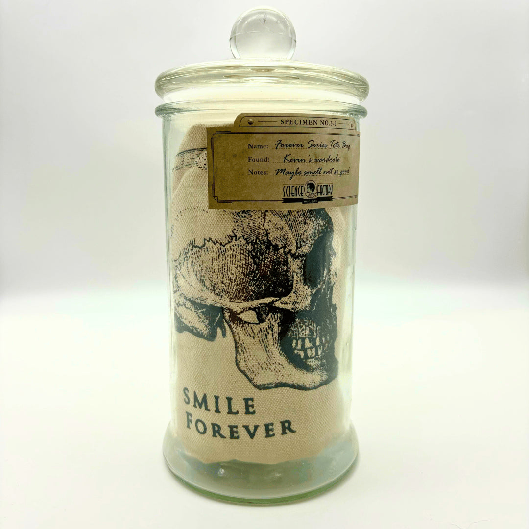 Mr Sci Glass Specimen Jar & Science Tote Bag Smile Forever (Skull)