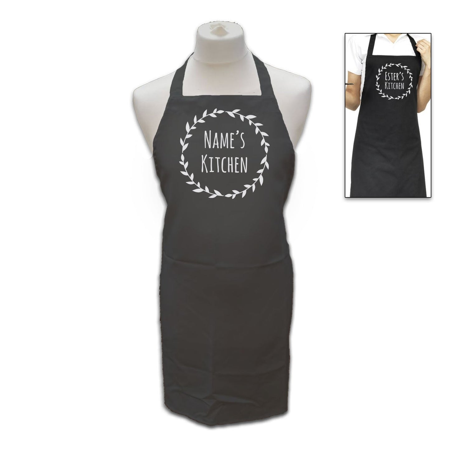 Personalised Black Apron with Name's Kitchen Wreath