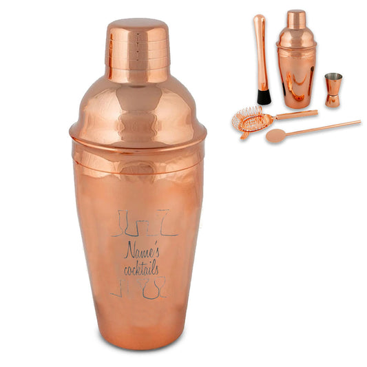 Engraved Rose Gold Cocktail Shaker Set with Cocktail Design