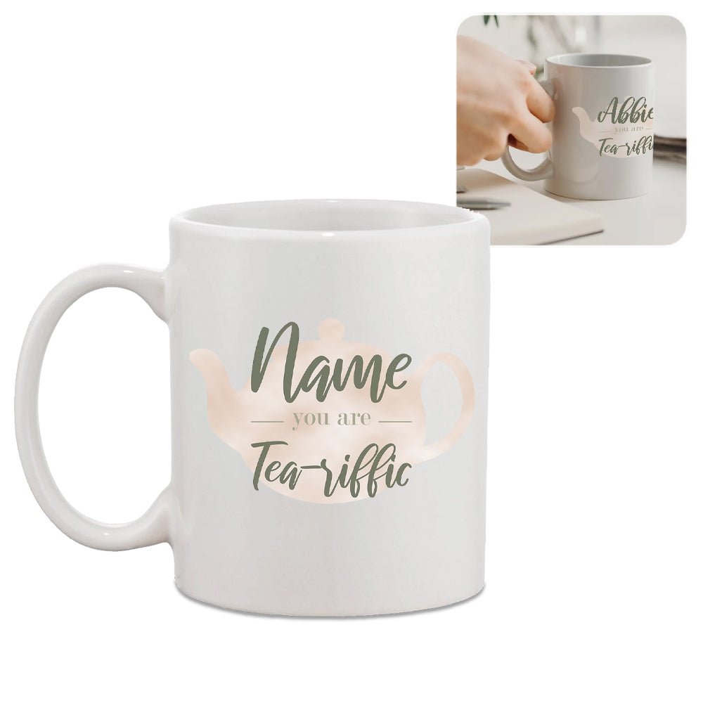 Personalised Hot Drinks Mug with Tea-Riffic Design