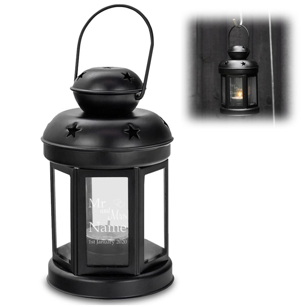 Engraved Black Metal Tealight Holder with Mr and Mrs Design