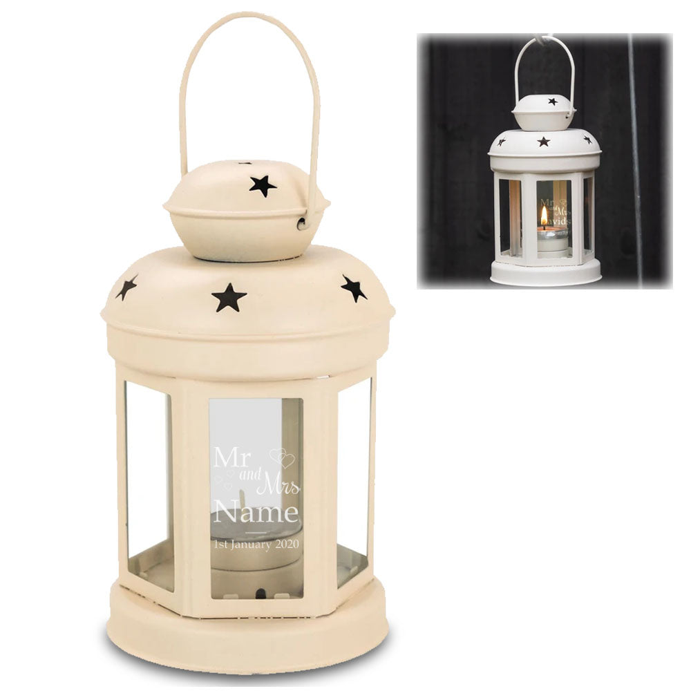 Engraved Cream Metal Tealight Holder with Mr and Mrs Design