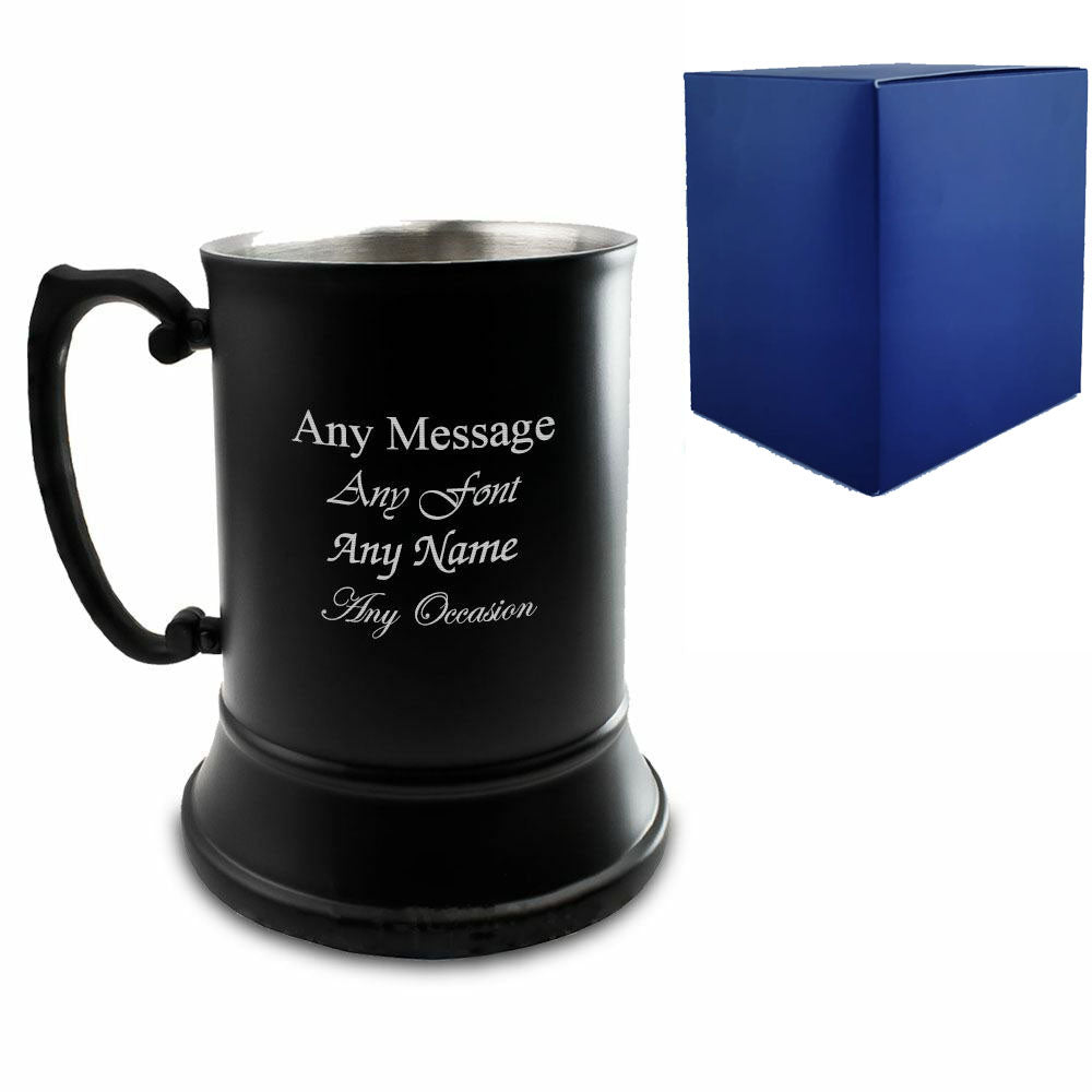 Personalised Engraved Black Metal Tankard with Gift Box, Personalise with Any Name or Message for Any Occasion