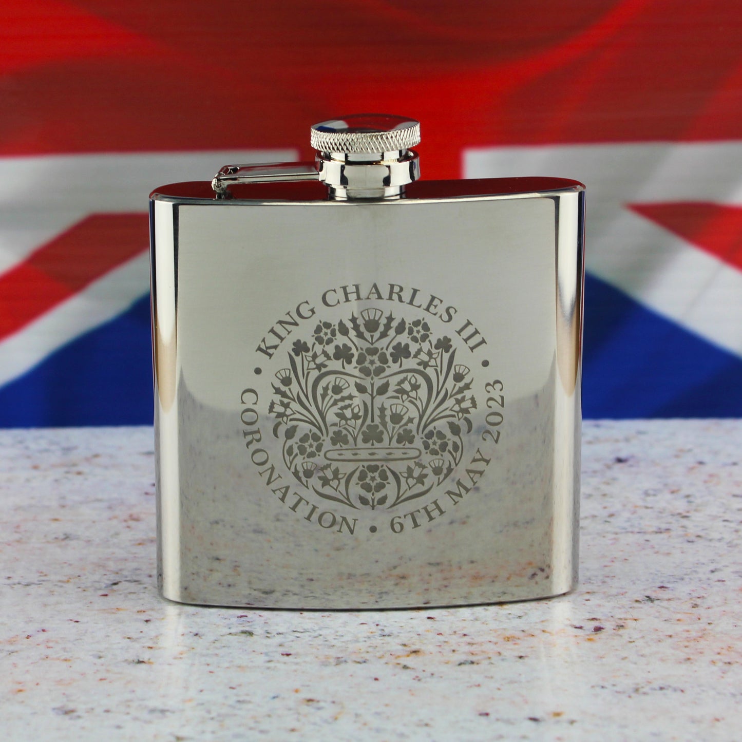 Engraved Commemorative Coronation of the King Silver Hip Flask