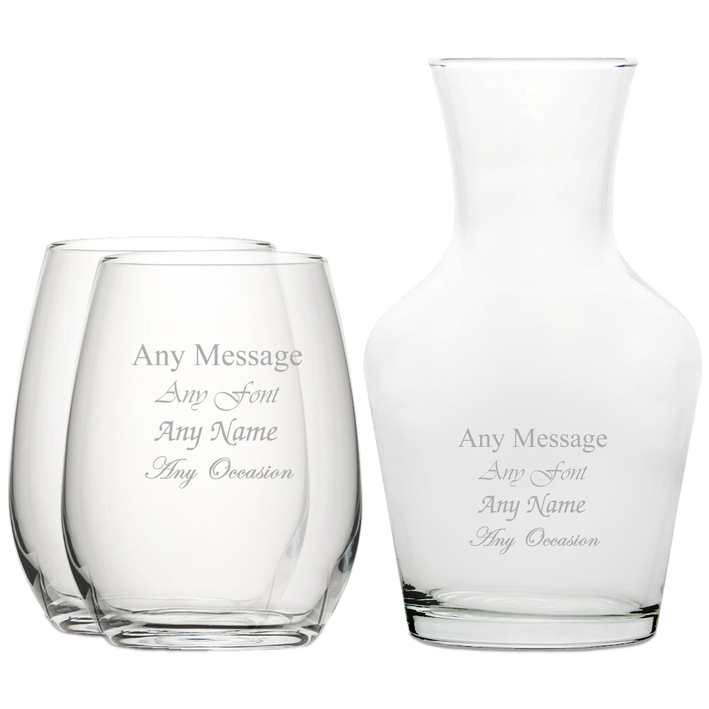 Personalised Engraved Set of 2 Stemless Wine Glass and 500ml Vin Carafe Set