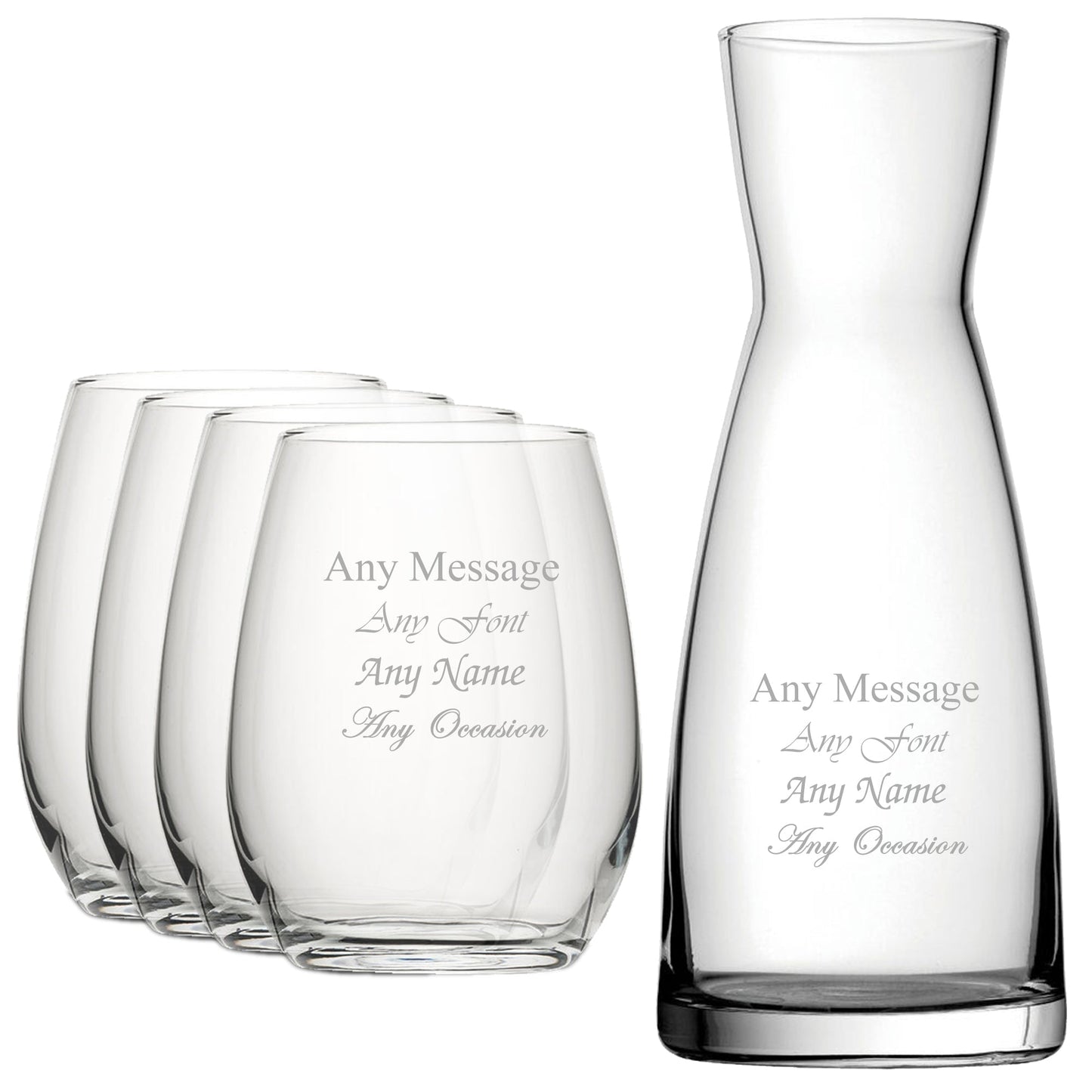 Personalised Engraved Set of 4 Stemless Wine Glass and Contemporary Carafe Set