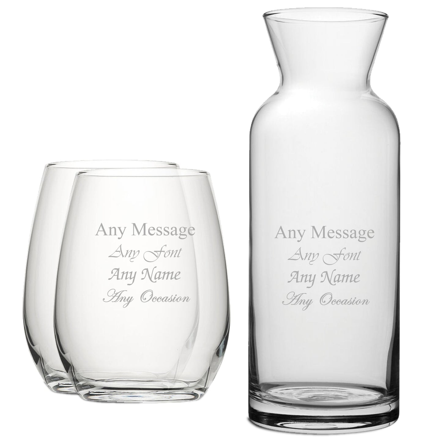 Personalised Engraved Set of 2 Stemless Wine Glass and Village Carafe Set