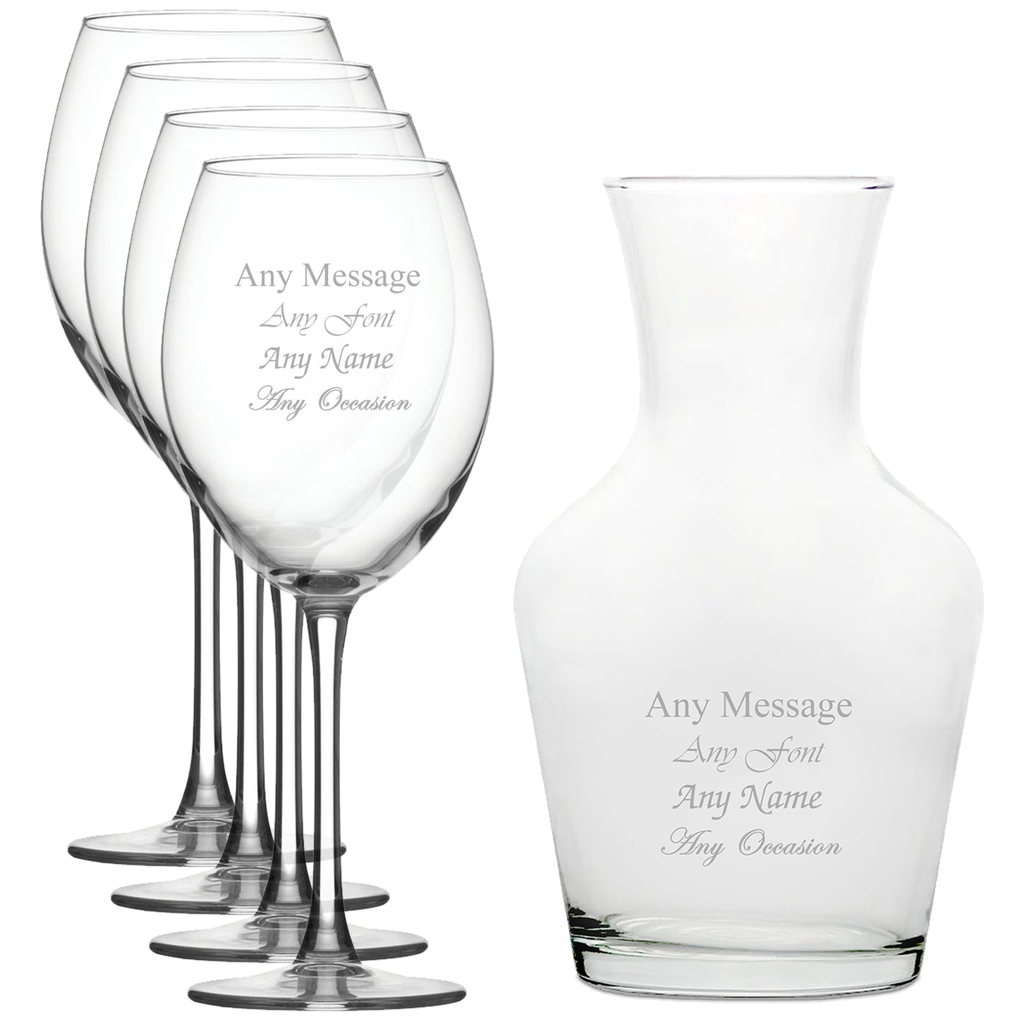 Personalised Engraved Set of 4 Enoteca Wine Glass and 1 Litre Vin Carafe Set