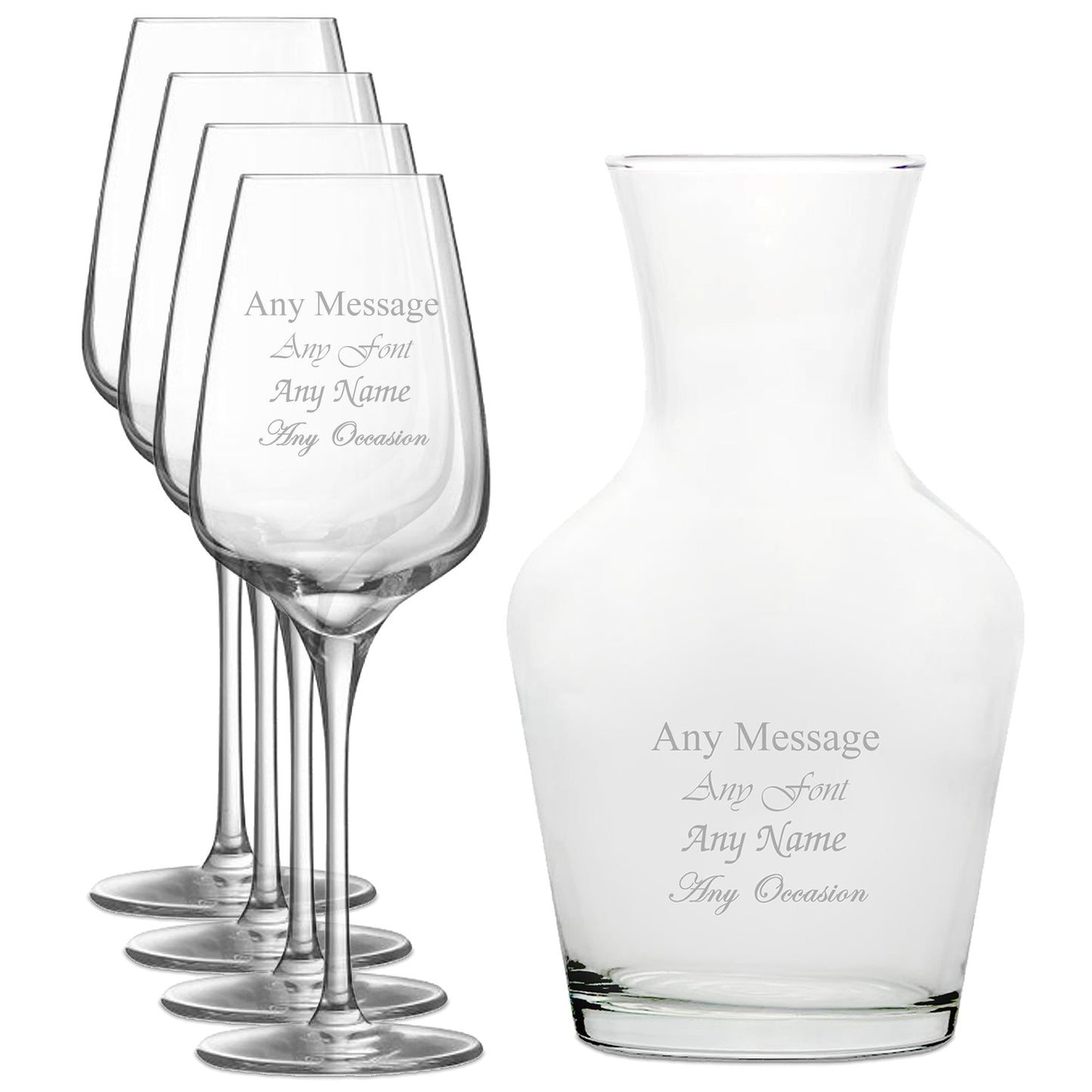 Personalised Engraved Set of 4 Sublym Wine Glass and 1 Litre Vin Carafe Set