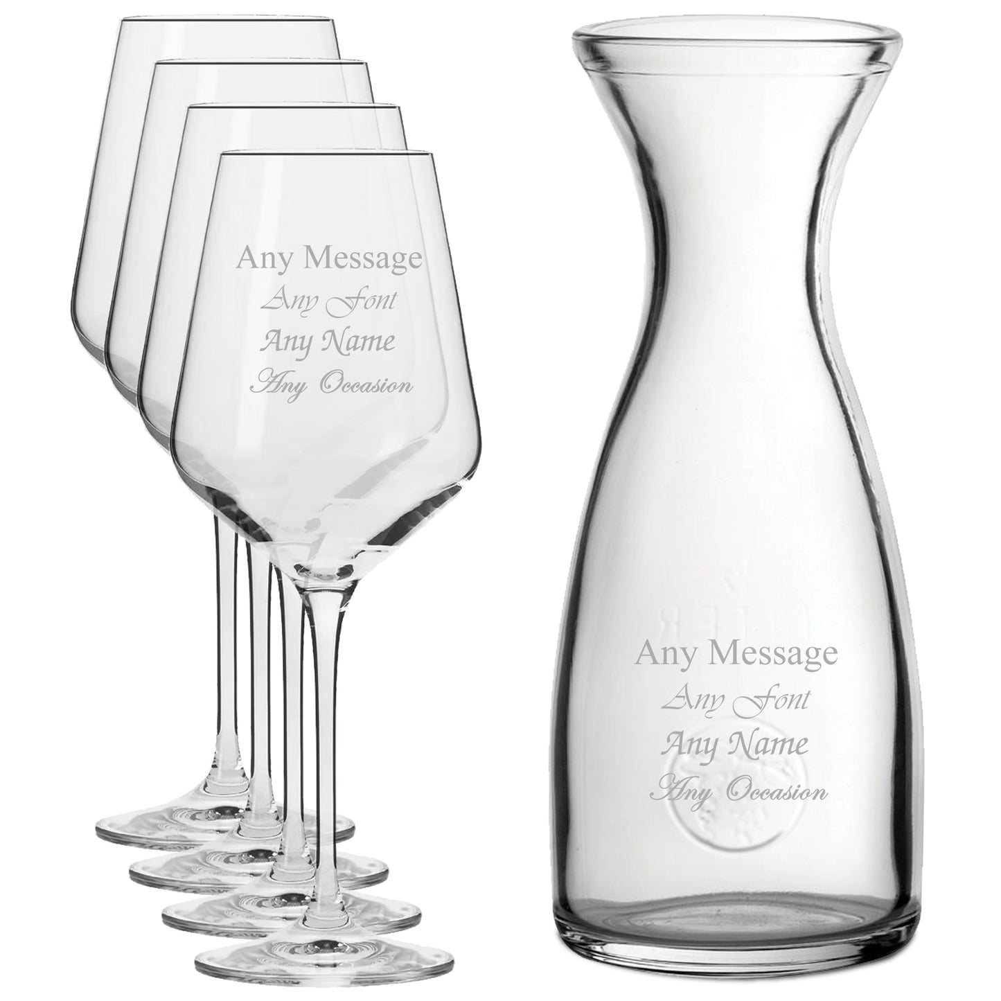 Personalised Engraved Set of 4 Infinity Wine Glass and 1 Litre Carafe Set