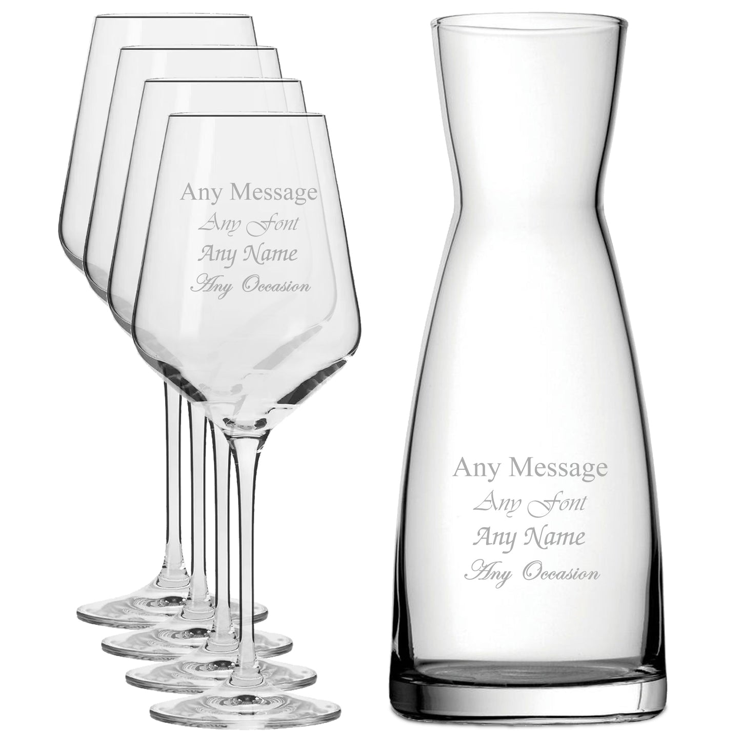Personalised Engraved Set of 4 Infinity Wine Glass and Contemporary Carafe Set