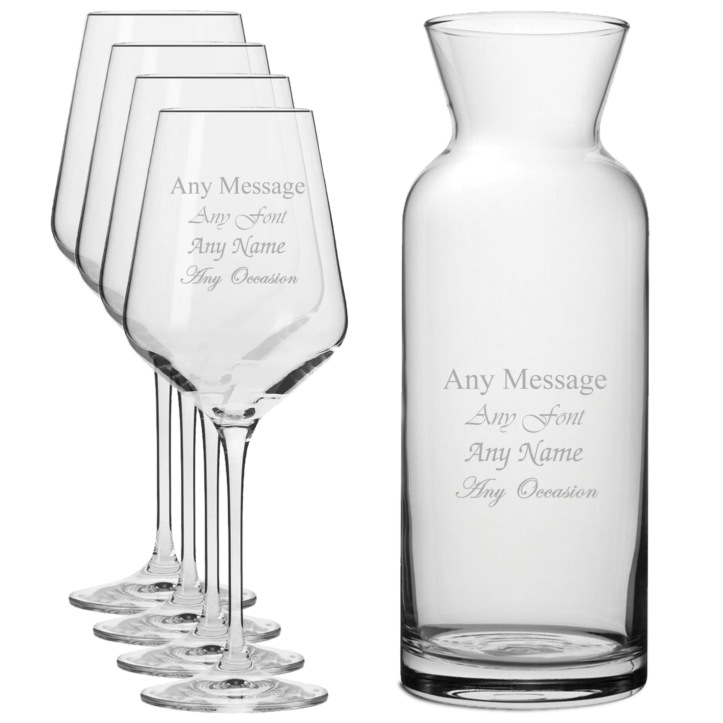 Personalised Engraved Set of 4 Infinity Wine Glass and Village Carafe Set
