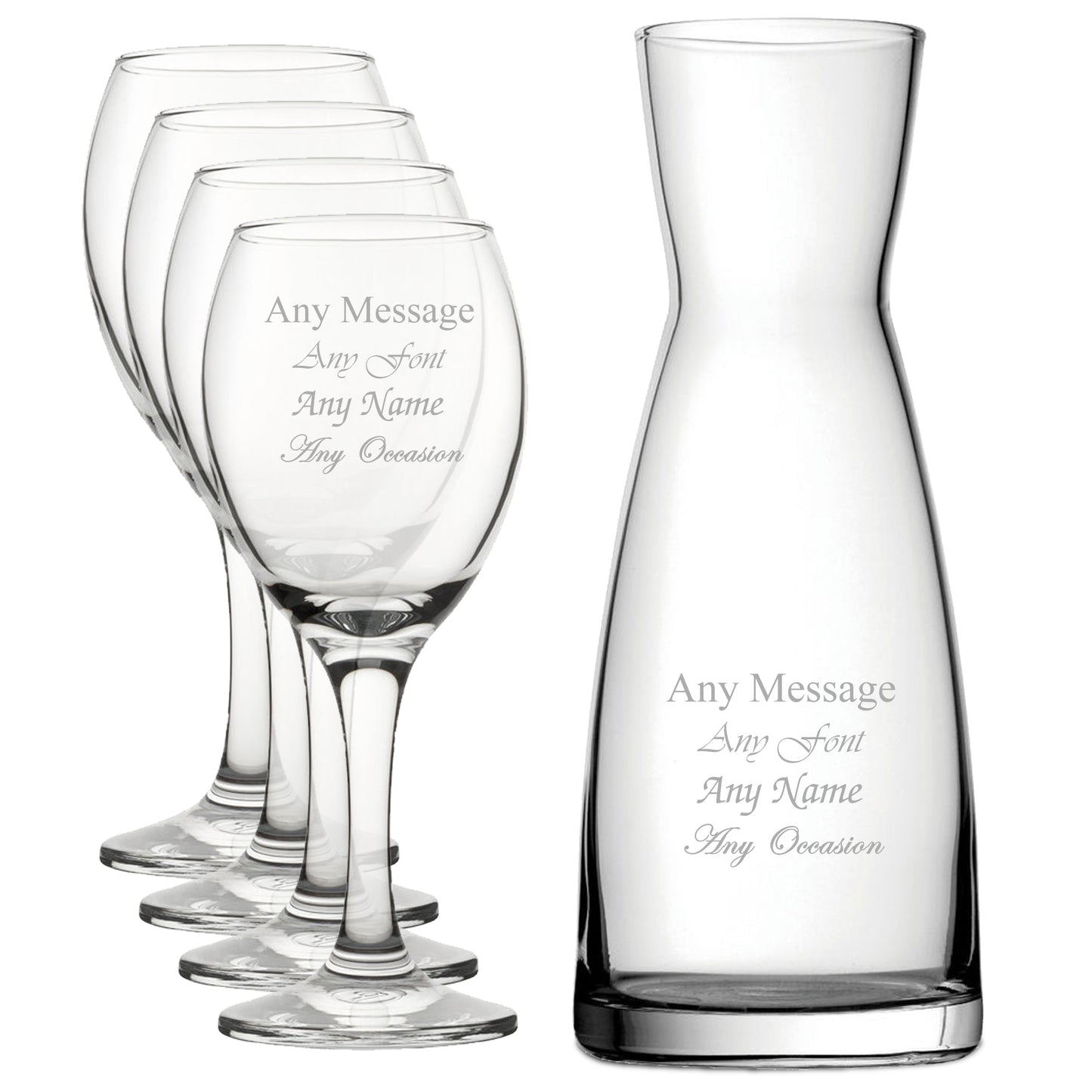 Personalised Engraved Set of 4 Pure Wine Glass and Contemporary Carafe Set