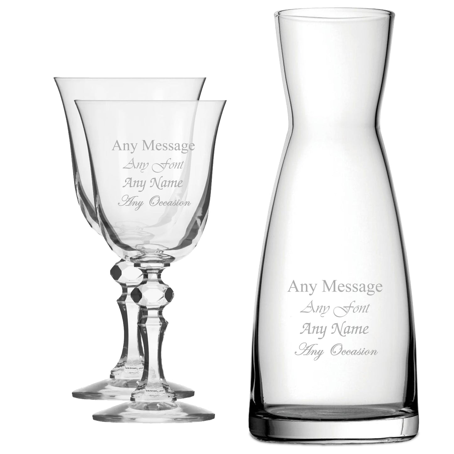 Personalised Engraved Set of 2 Crystal Jasmine Wine Glass and Contemporary Carafe Set