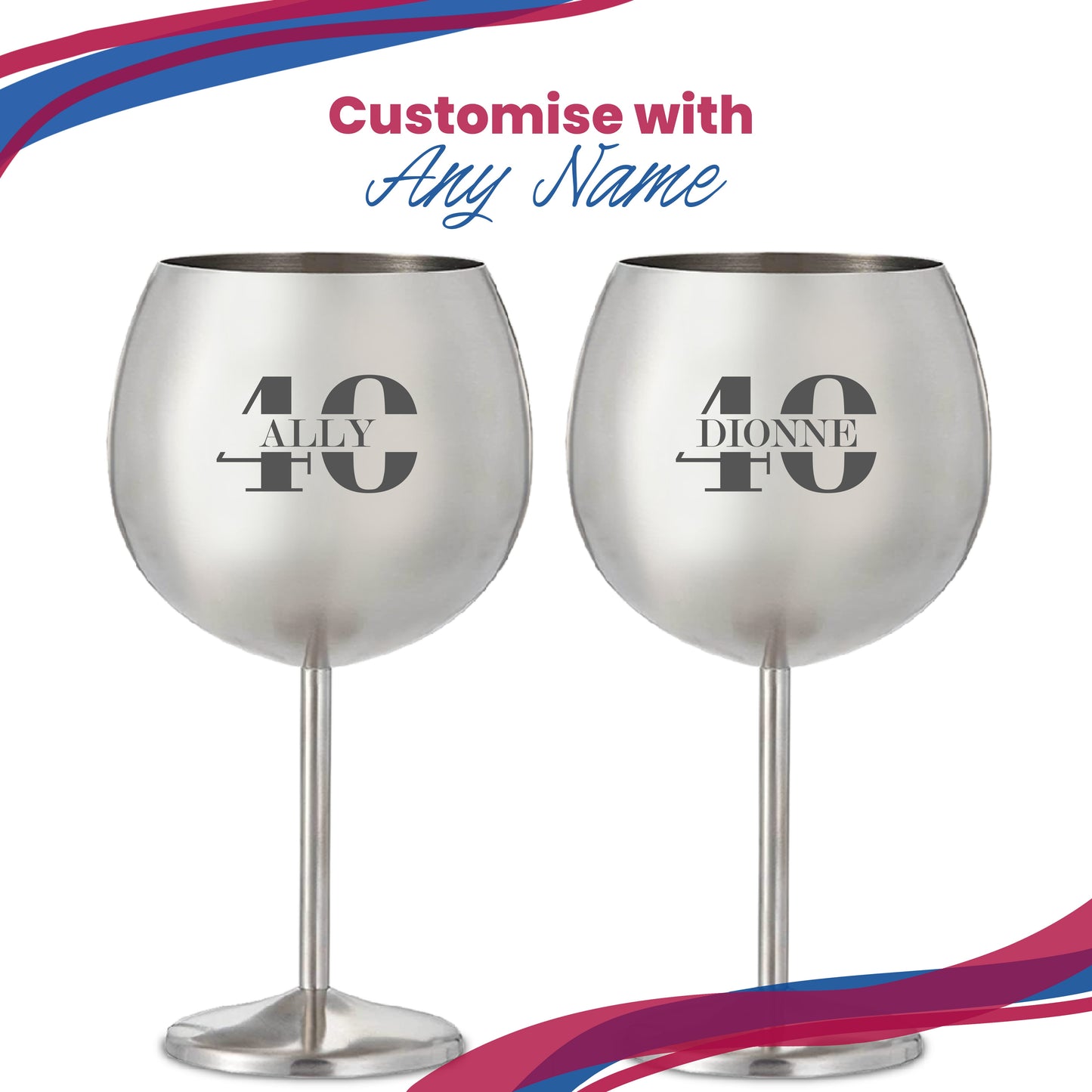 Engraved Metal Gin Balloon Cocktail Glass with Name in 40 Design