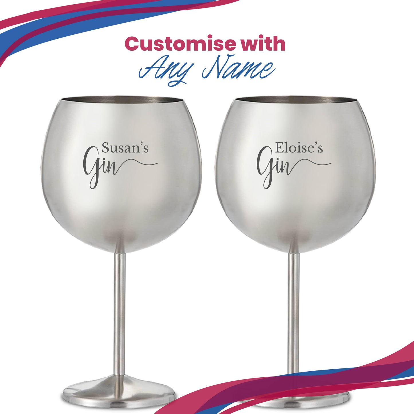 Engraved Metal Gin Balloon Cocktail Glass with Name's Gin Design, Personalise with Any Name