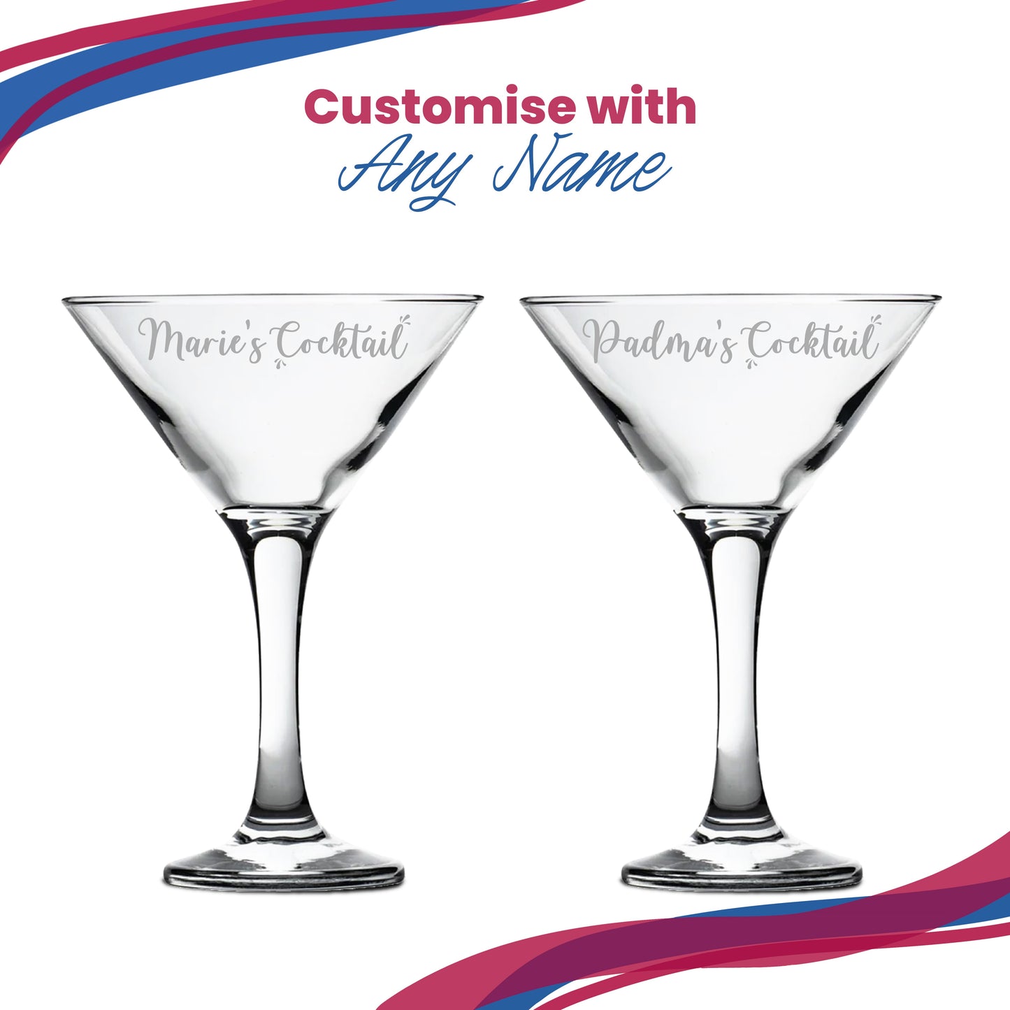 Engraved Petite Martini Cocktail Glass with Name's Cocktail Design, Personalise with Any Name