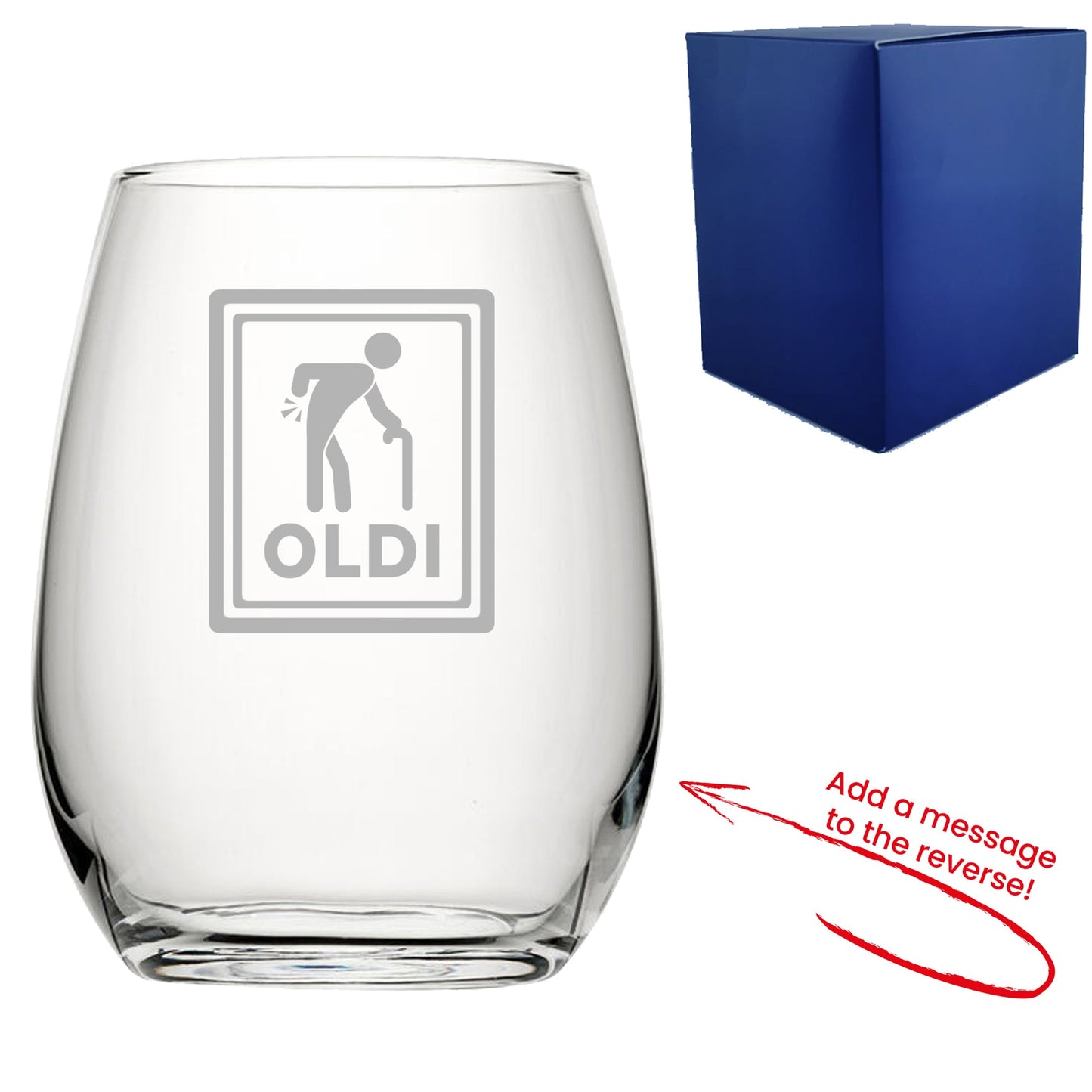 Engraved Stemless Wine Glass with Oldi Design, Add a Personalised Message to the Reverse