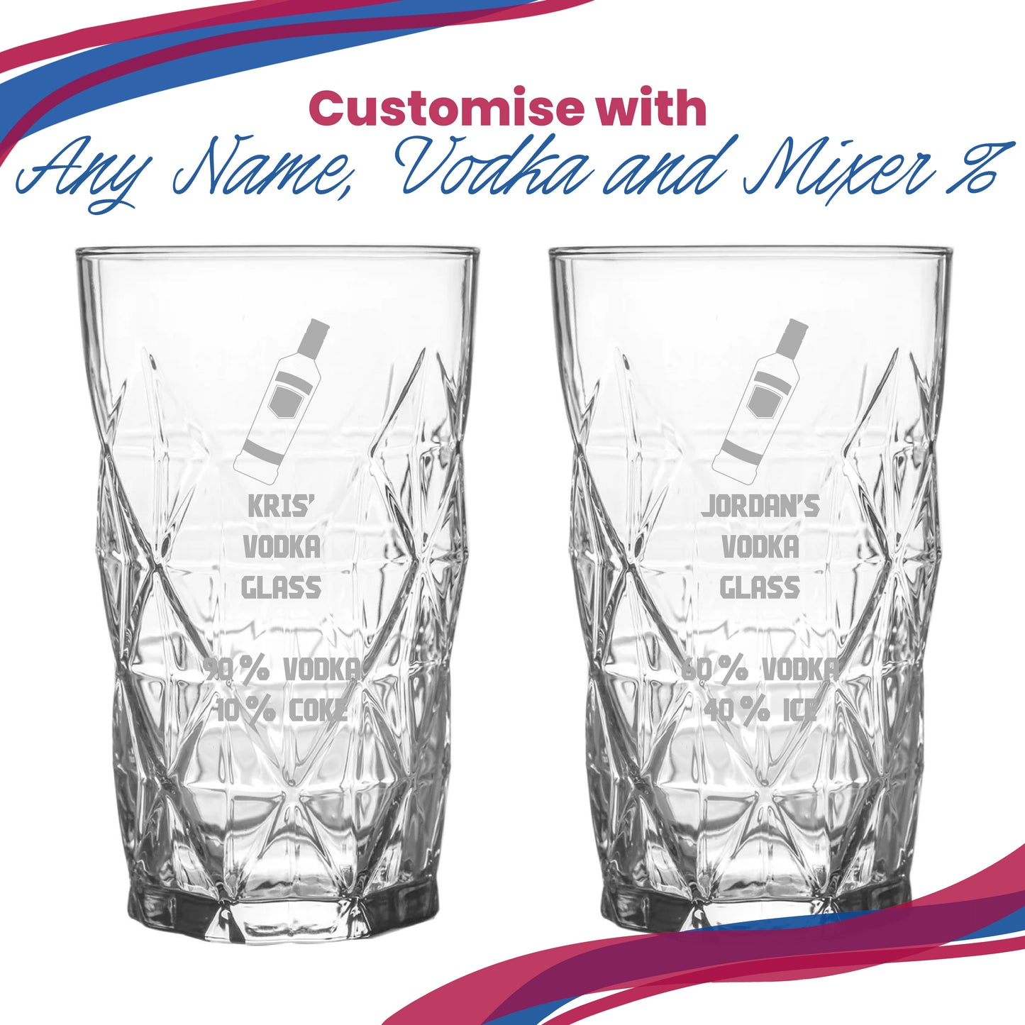 Personalised Engraved Vodka Keops Hiball with 'Name's Vodka Glass and Mixer' Design
