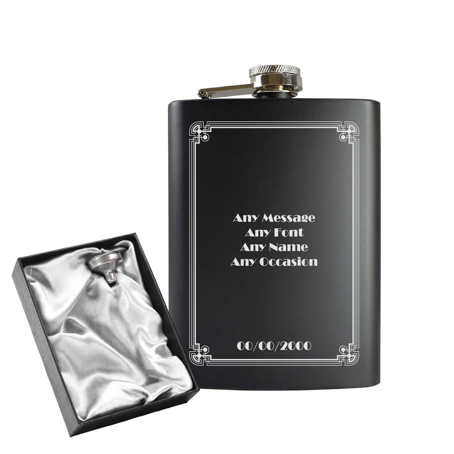 Engraved 8oz Black Hip flask with Formal border