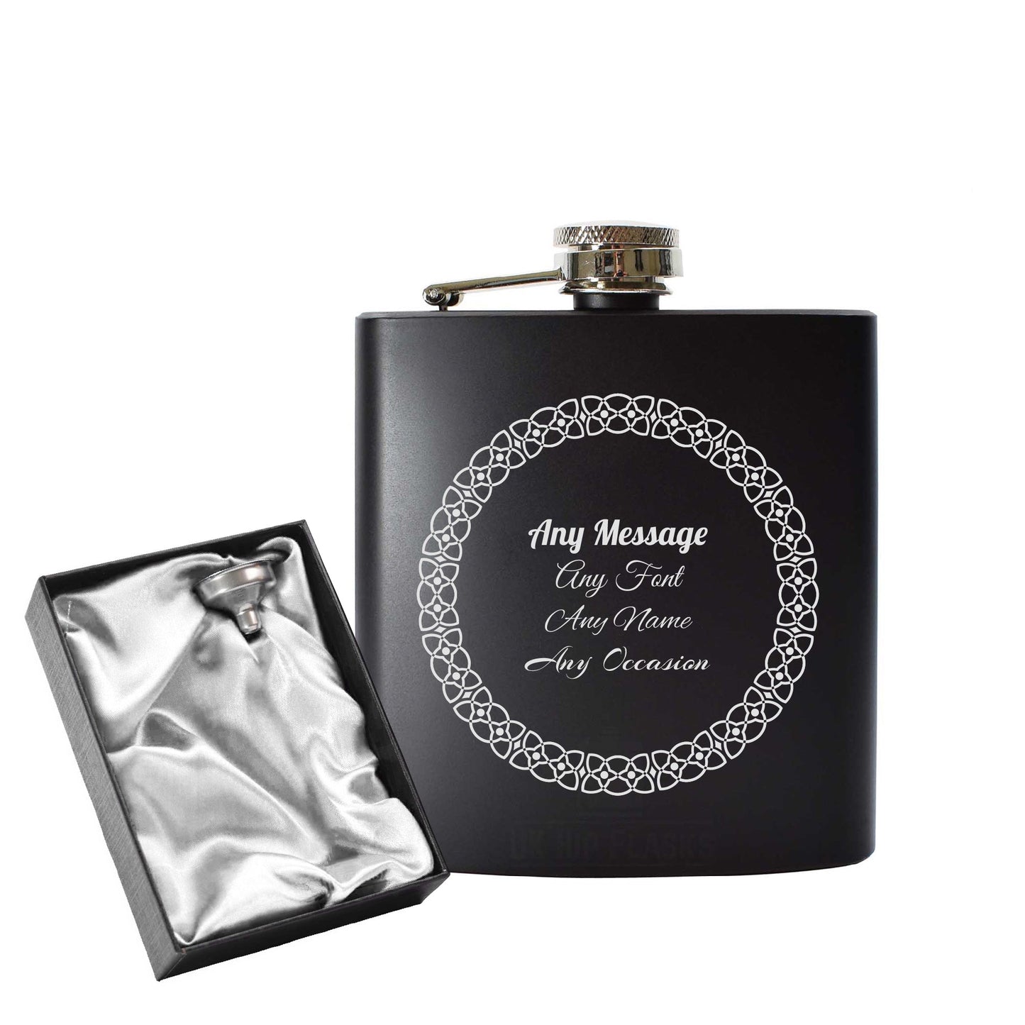 Engraved 6oz Black Hip flask with Circle border