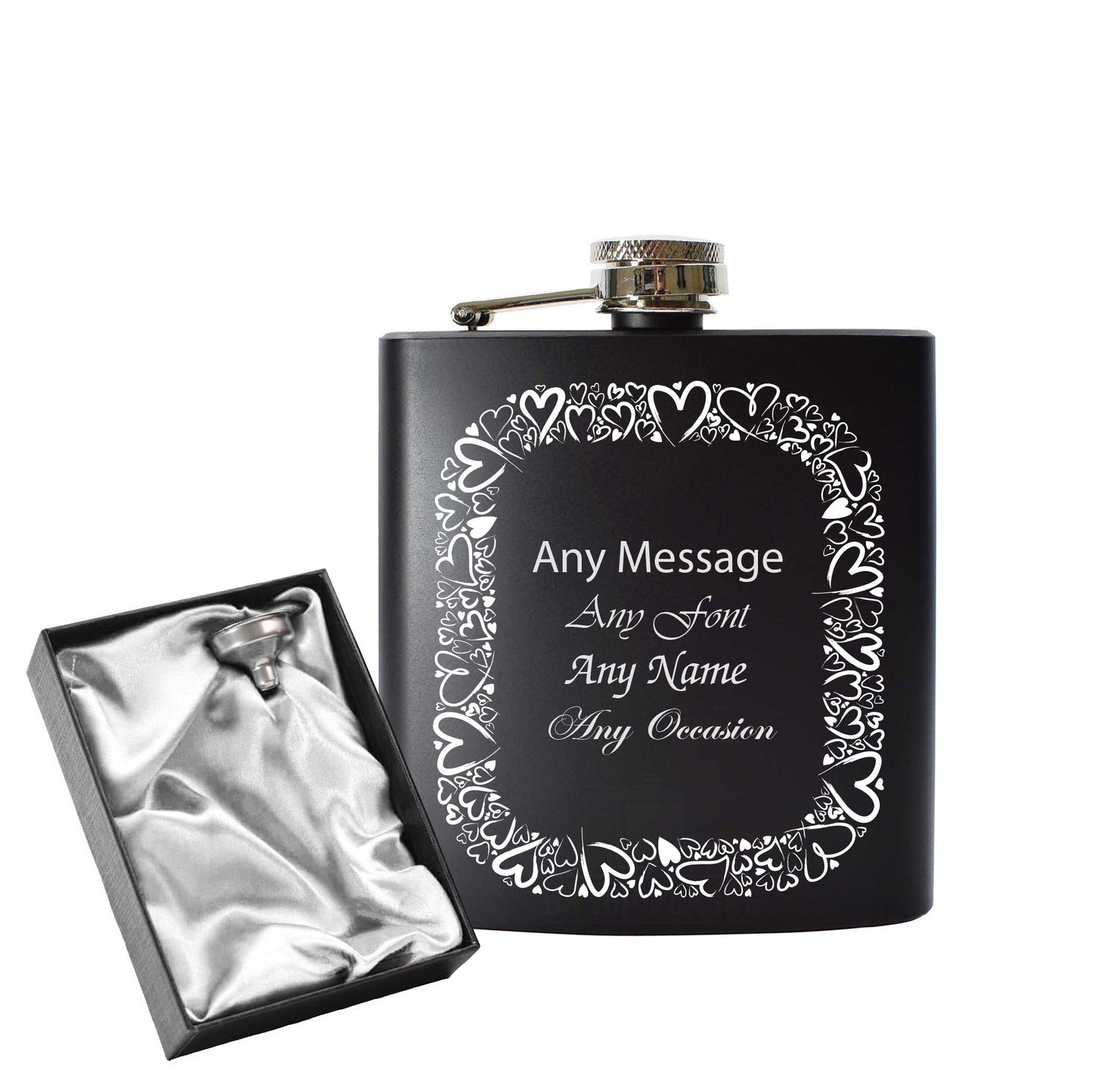 Engraved 6oz Black Hip flask with Heart border