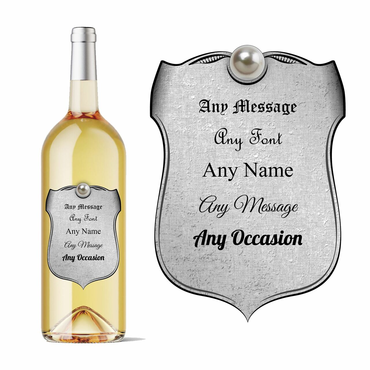 Personalised shield wine bottle label silver in colour, Add any message.