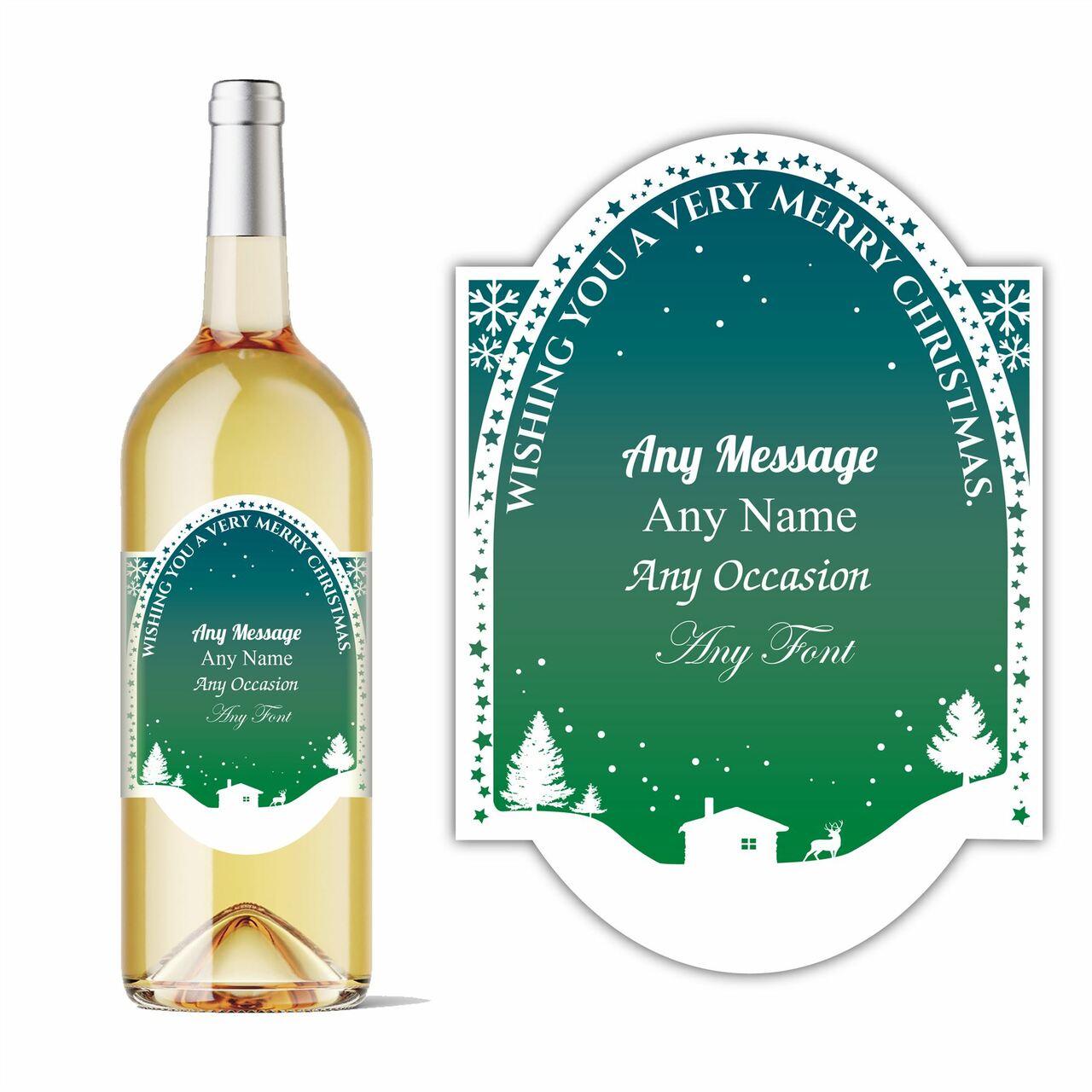 Personalised Christmas arch wine bottle label in green, Add any message.