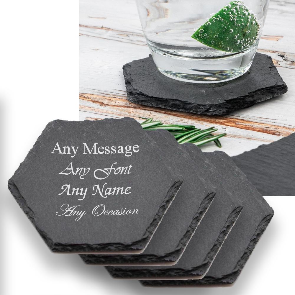 Engraved Set of 4 Hexagon Slate Drinks Coasters