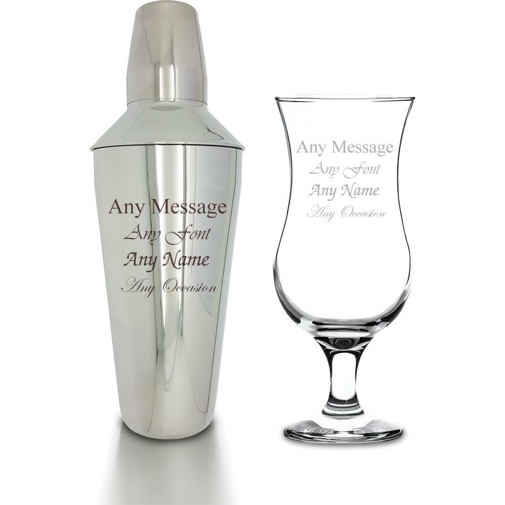 Personalised Engraved Cocktail Shaker with Strainer and Pina Colada Glass, Perfect for any Cocktail lover, Great for any Occasion