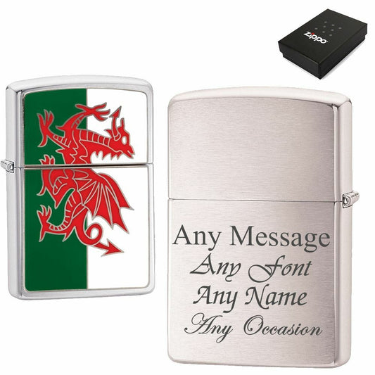 Engraved Brushed Chrome Welsh Zippo, Official Zippo lighter