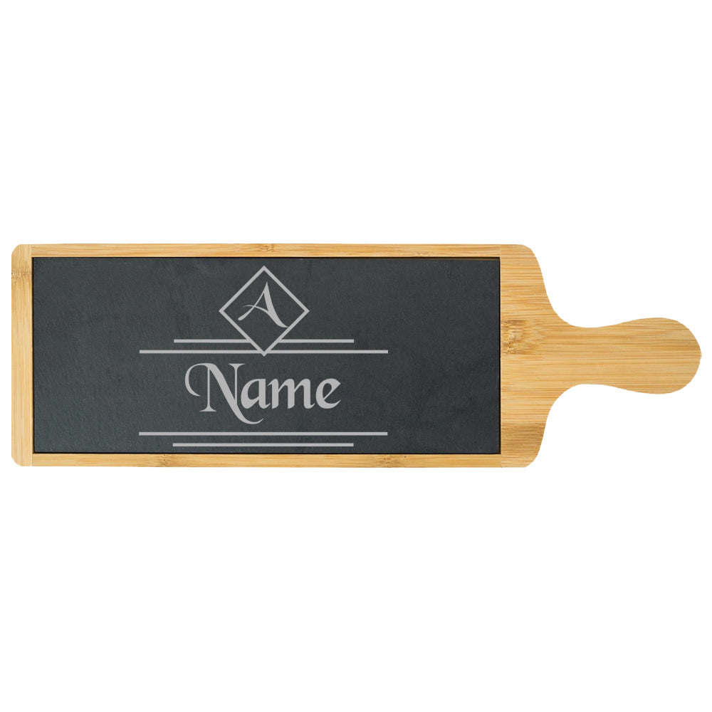 Engraved Bamboo and Slate Cheeseboard with Name and Initial Design
