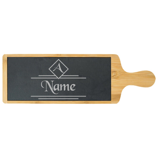 Engraved Bamboo and Slate Cheeseboard with Name and Initial Design