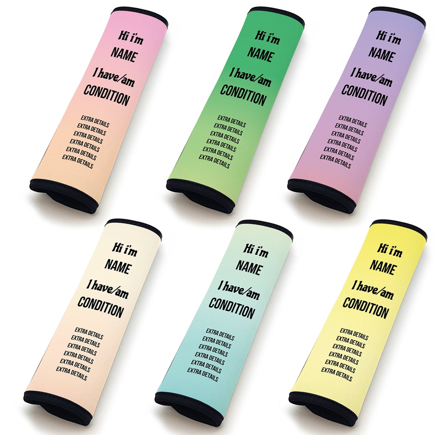 Personalised Seat Belt cover for medical conditions - Horizontal text, pastel colours