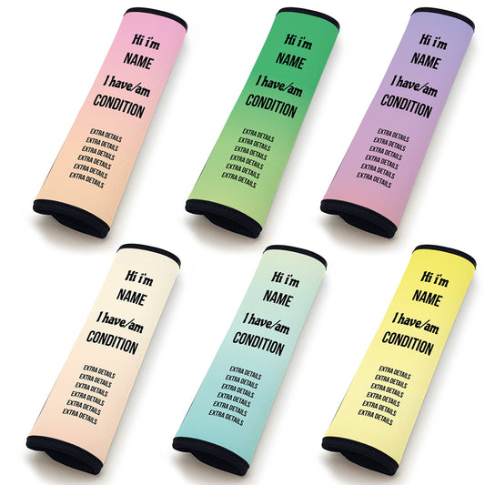 Personalised Seat Belt cover for medical conditions - Horizontal text, pastel colours