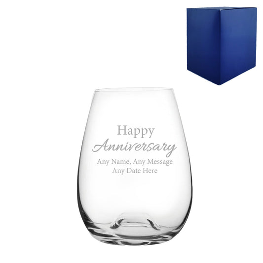 Engraved Happy Anniversary Stemless Wine Glass, Any Message, 15oz Bordeaux, Handwritten Design