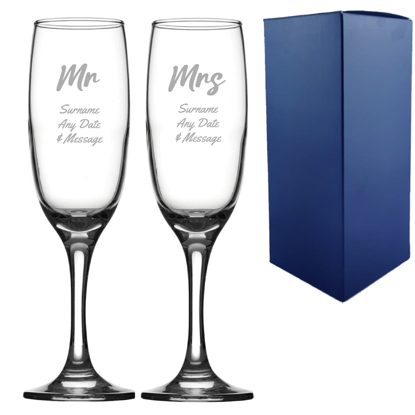Engraved Wedding Champagne Set Mr and Mrs, Any Message, 7.5oz/221ml, Script Font