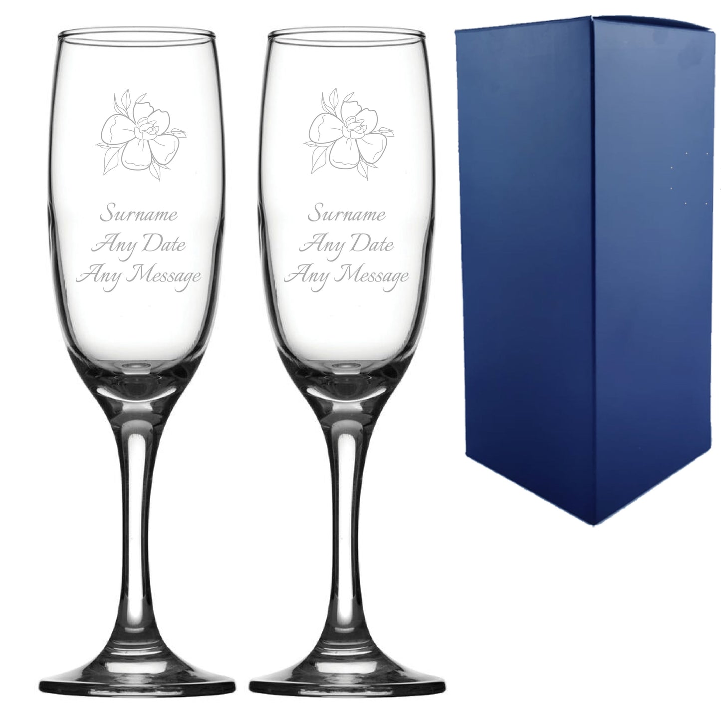Engraved Wedding Champagne Set, Floral, Any Message, 7.5oz/221ml