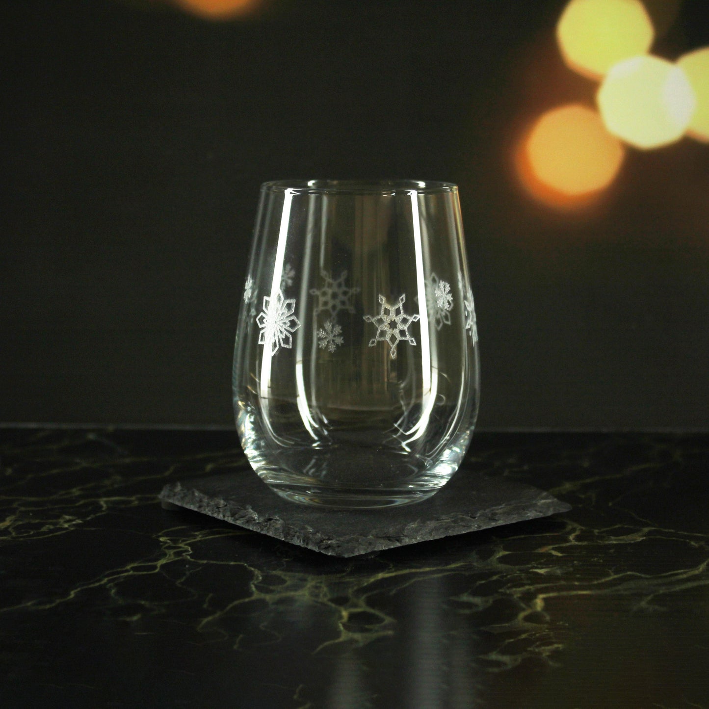 Engraved Snowflake Pattern Stemless wine, Gaia Set of 4, 12oz