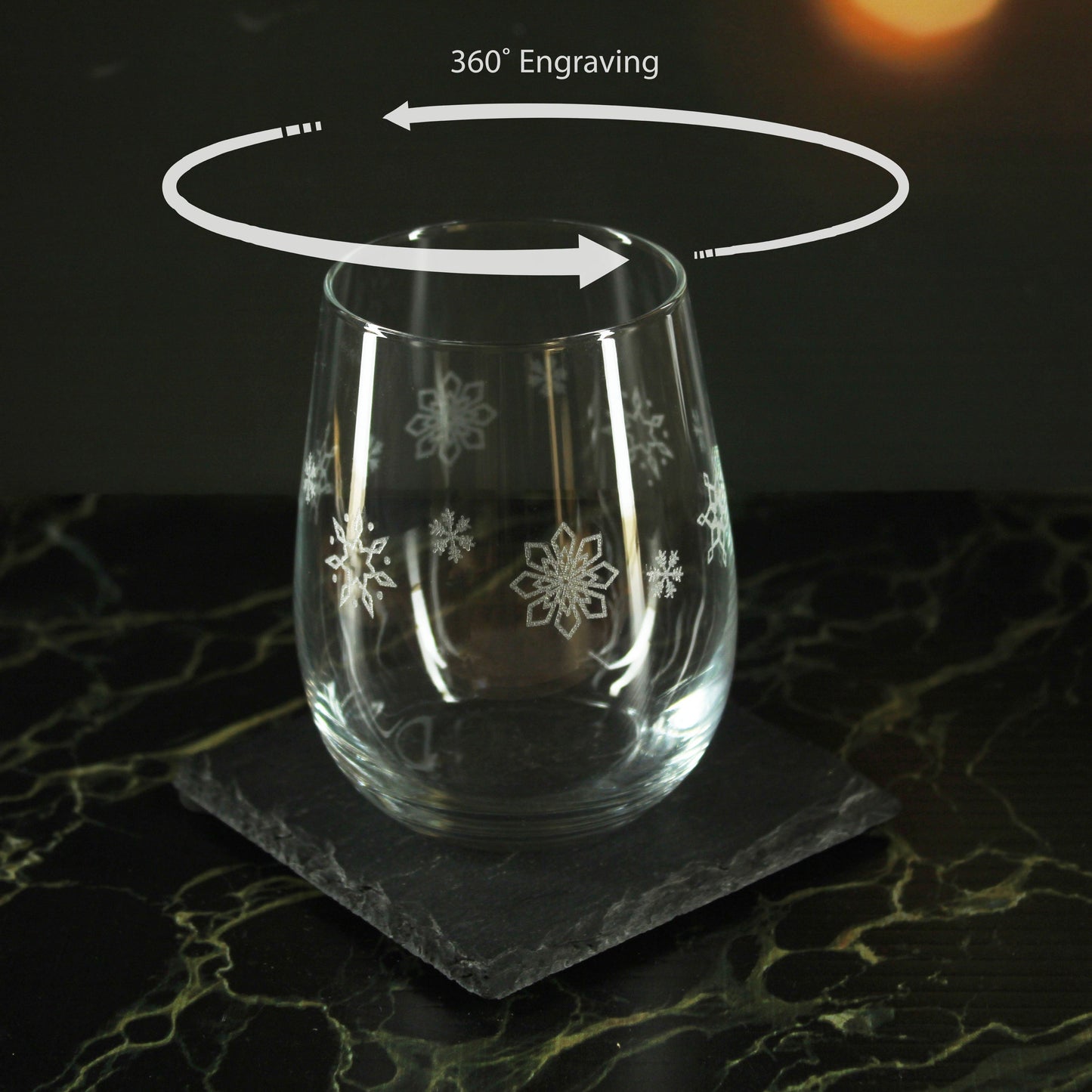 Engraved Snowflake Pattern Stemless wine, Gaia Set of 4, 12oz