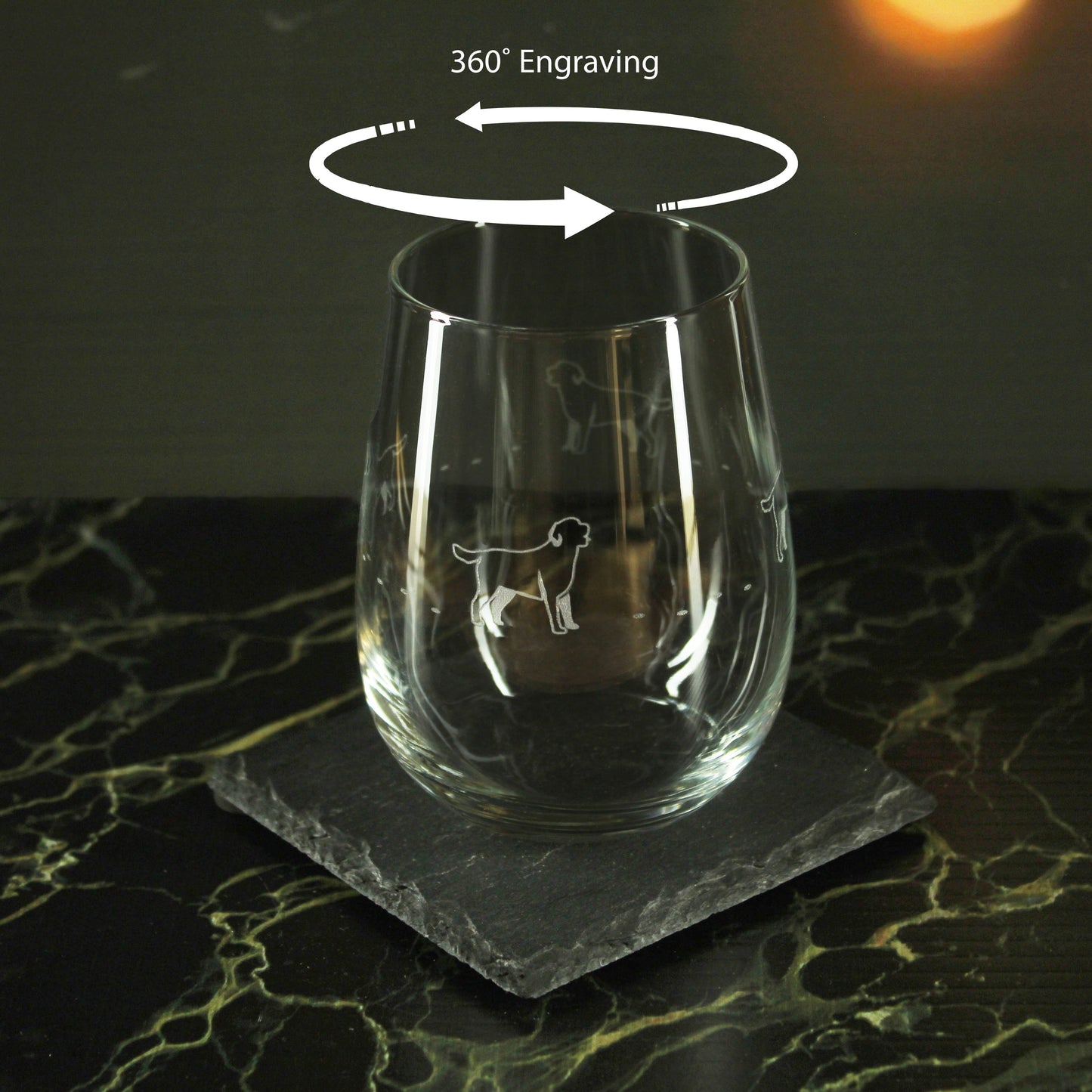 Engraved Dog Pattern Set of 4 Gaia Stemless Wine 12oz Glasses