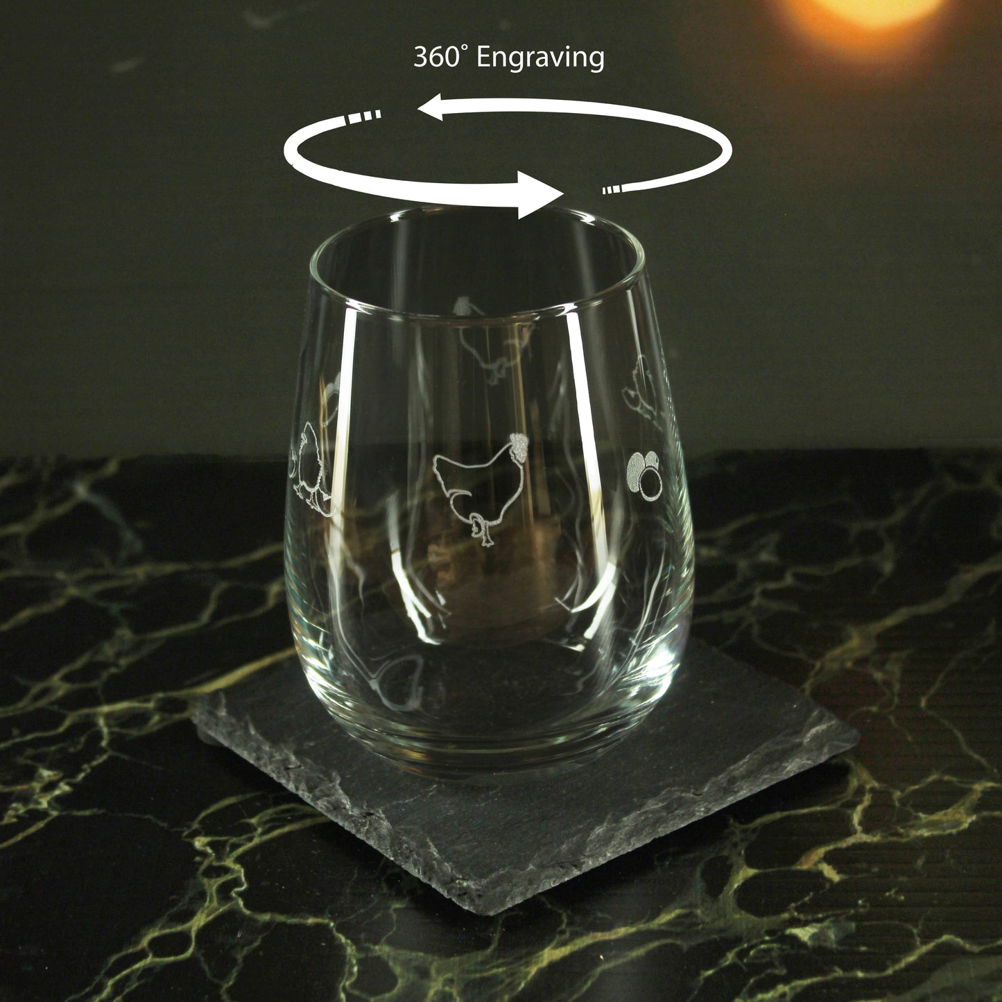 Engraved Chicken Pattern Set of 4 Gaia Stemless Wine 12oz Glasses